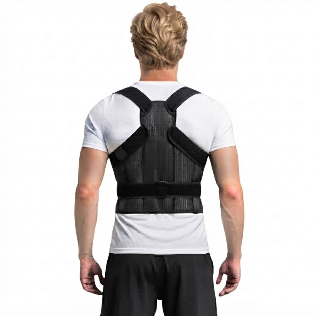 Mand med Holdningsvest Premium til ryg og skuldre set bagfra