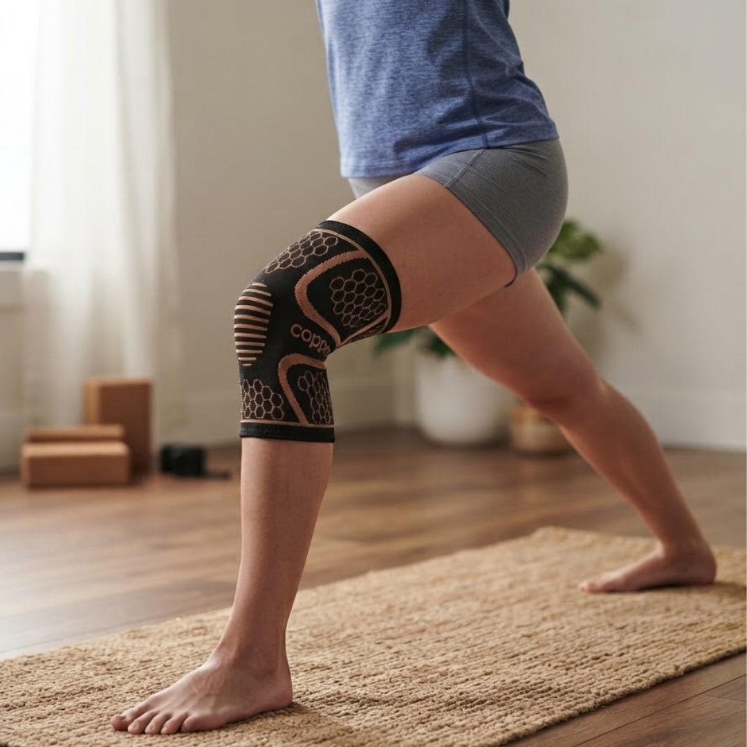 Person laver yoga indendørs med kobberknæbind