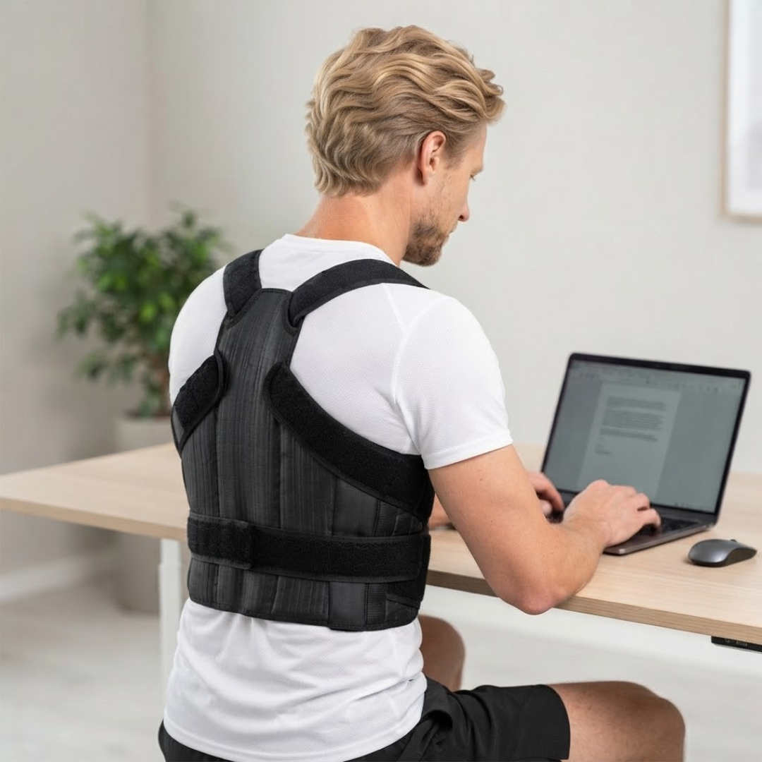 Mand med Holdningsvest Premium arbejder ved computer, set bagfra
