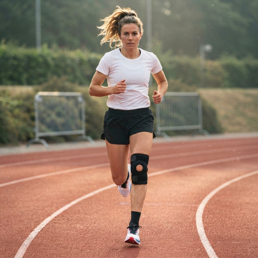 Kvinde løber på atletikbane med fleksibel knæstøtte