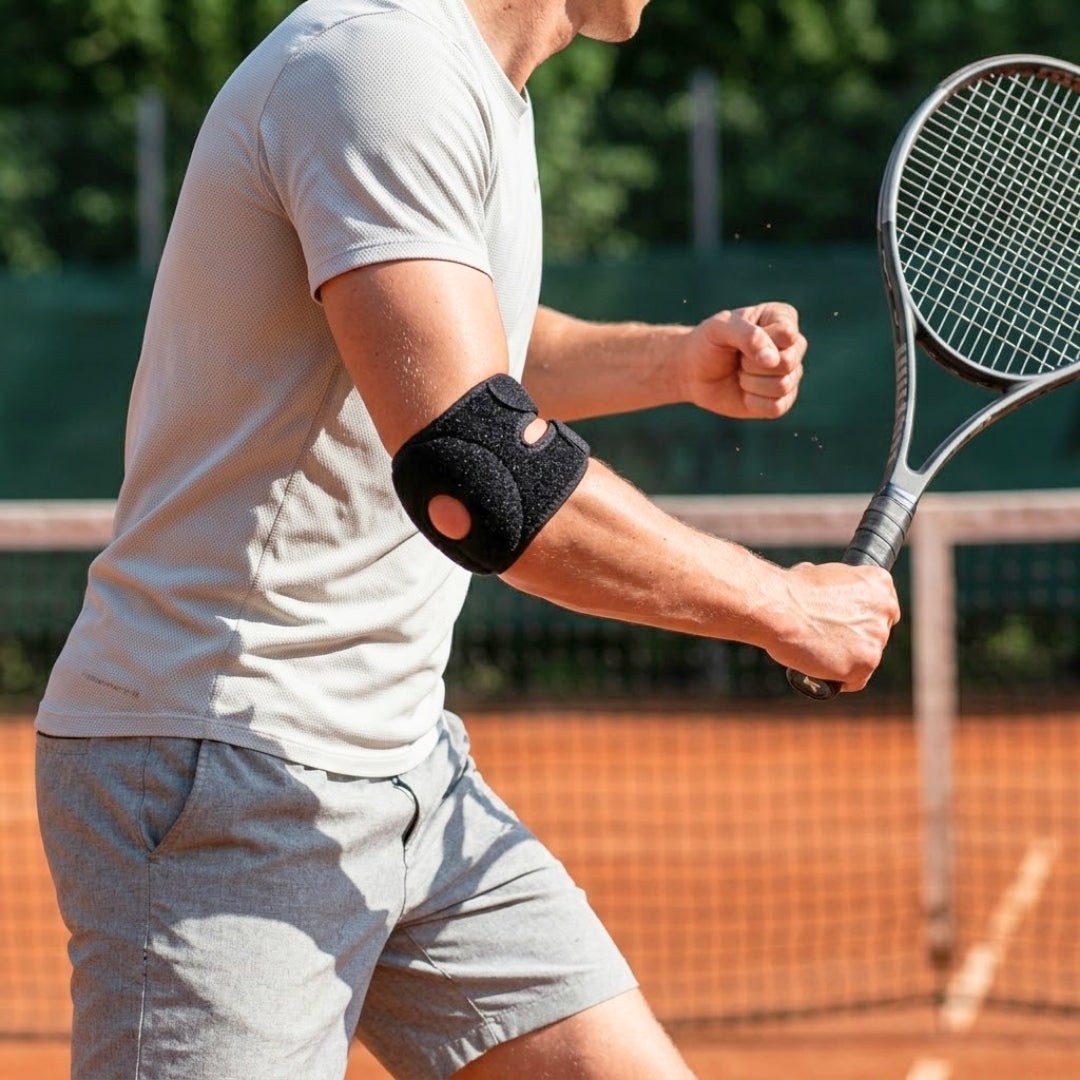 Tennisspiller med fleksibel albuestøtte mod tennisalbue